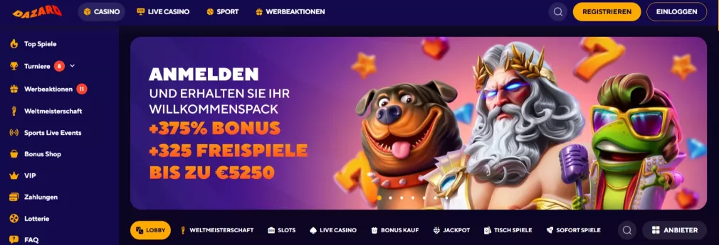 Dazard Casino Bonus 5250 Euro und 325 Freispiele für neue Spieler